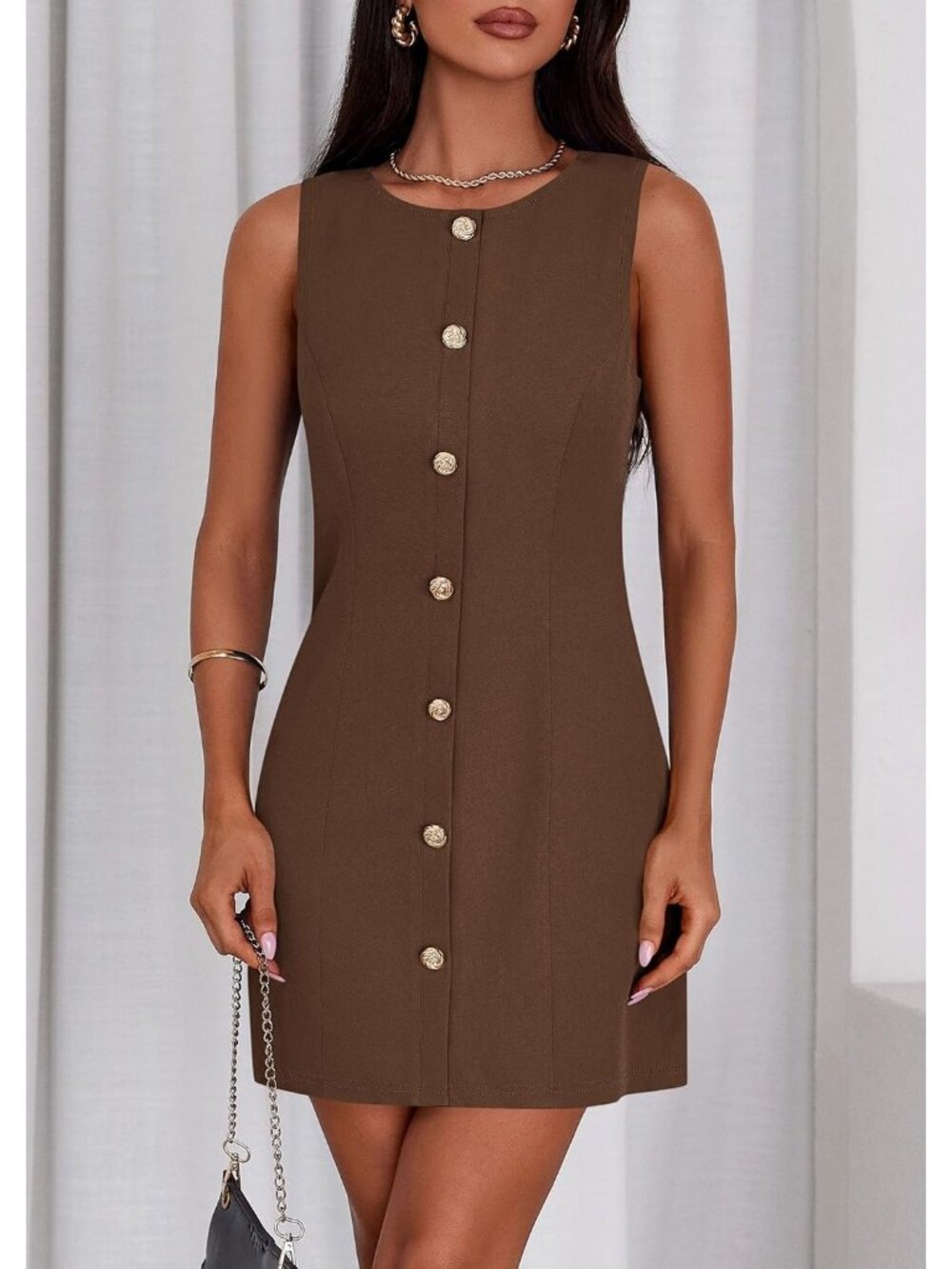 Pretty Garden Women's Brown Formal Sleeveless Button Down Elegant Mini Dress - Picture 3 of 6
